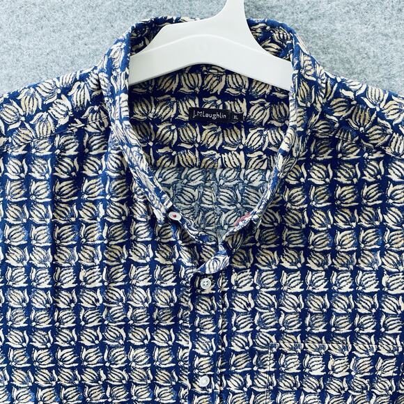 J. McLaughlin Shirt Mens Size XL Blue & Yellow print Button Up Classic Preppy - Picture 1 of 7